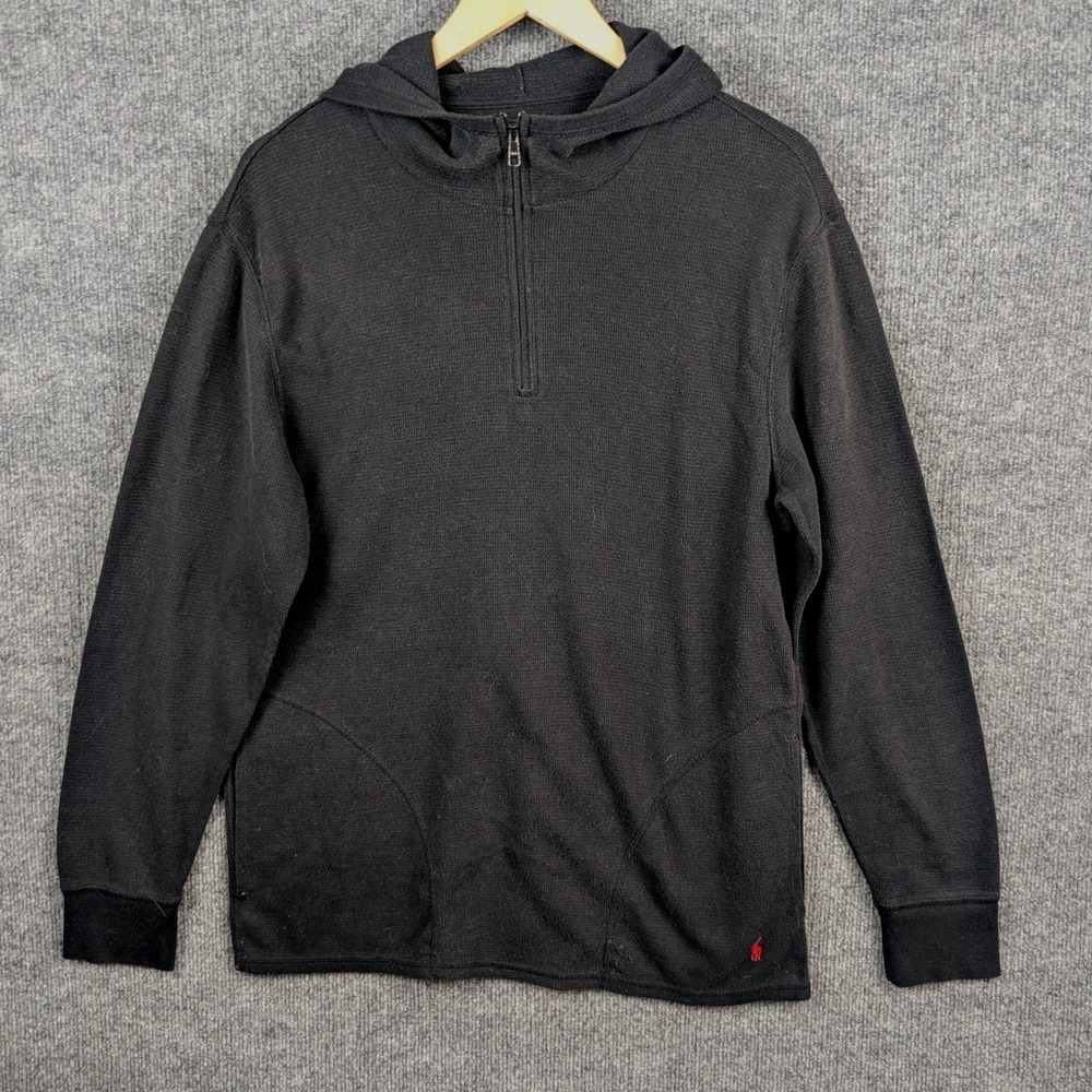 Polo Ralph Lauren Mens Waffle Knit Quarter Zip Hoodie Black Red Pony Size L